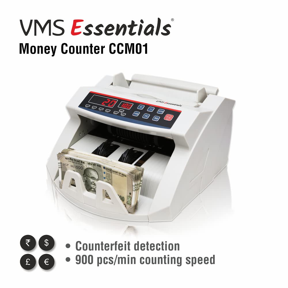 VMS Essentials CCM01 licznik walut – zaawansowane wykrywanie podróbek za pomocą czujników UV, MG, podwójnego wyświetlacza LED i rocznej gwarancji w zestawie