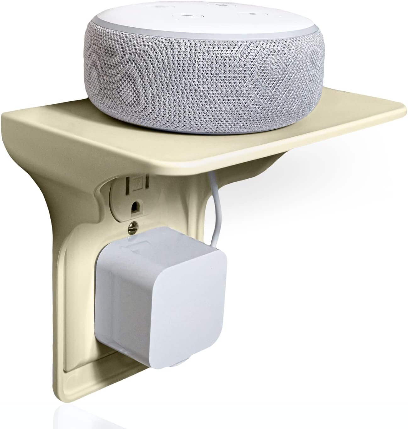 BeraTek Industries Power Perch Outlet Shelf with Cord Storage Strap โ Small Wall Shelf for Alexa Stand, Echo Dot Holder, Electric Toothbrush โ Bedroom & Bathroom Organizer (Almond, 1-Pack)