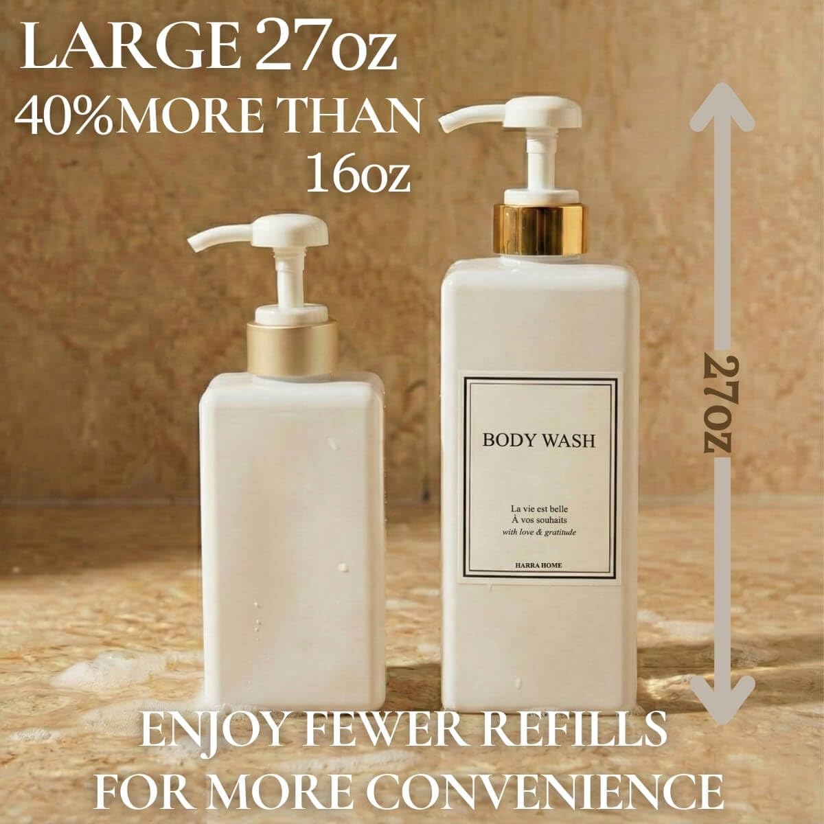 Modern Gold Design Shampoo and Conditioner Dispenser, Large 27oz Shower Soap Dispenser, Set of 3 Refillable Empty Plastic Pump Bottles for Bathroom and Body Wash (6 Waterproof Labels Included), White - Image 4