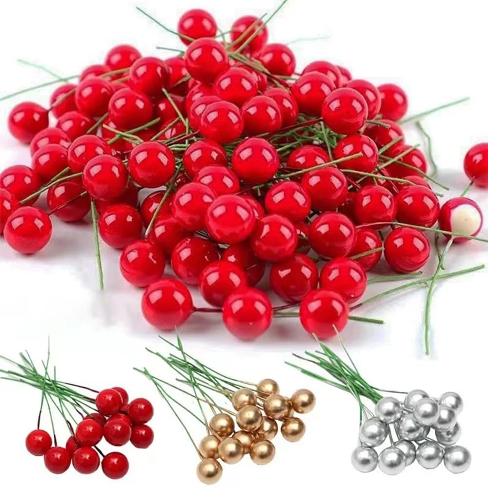 1000 Pezzi di Bacche realistiche con Gambo, Bacche Artificiali Piccole da 1,2 cm per centrotavola, Decorazione per la casa, Festa Invernale, Fai da Te, Argento