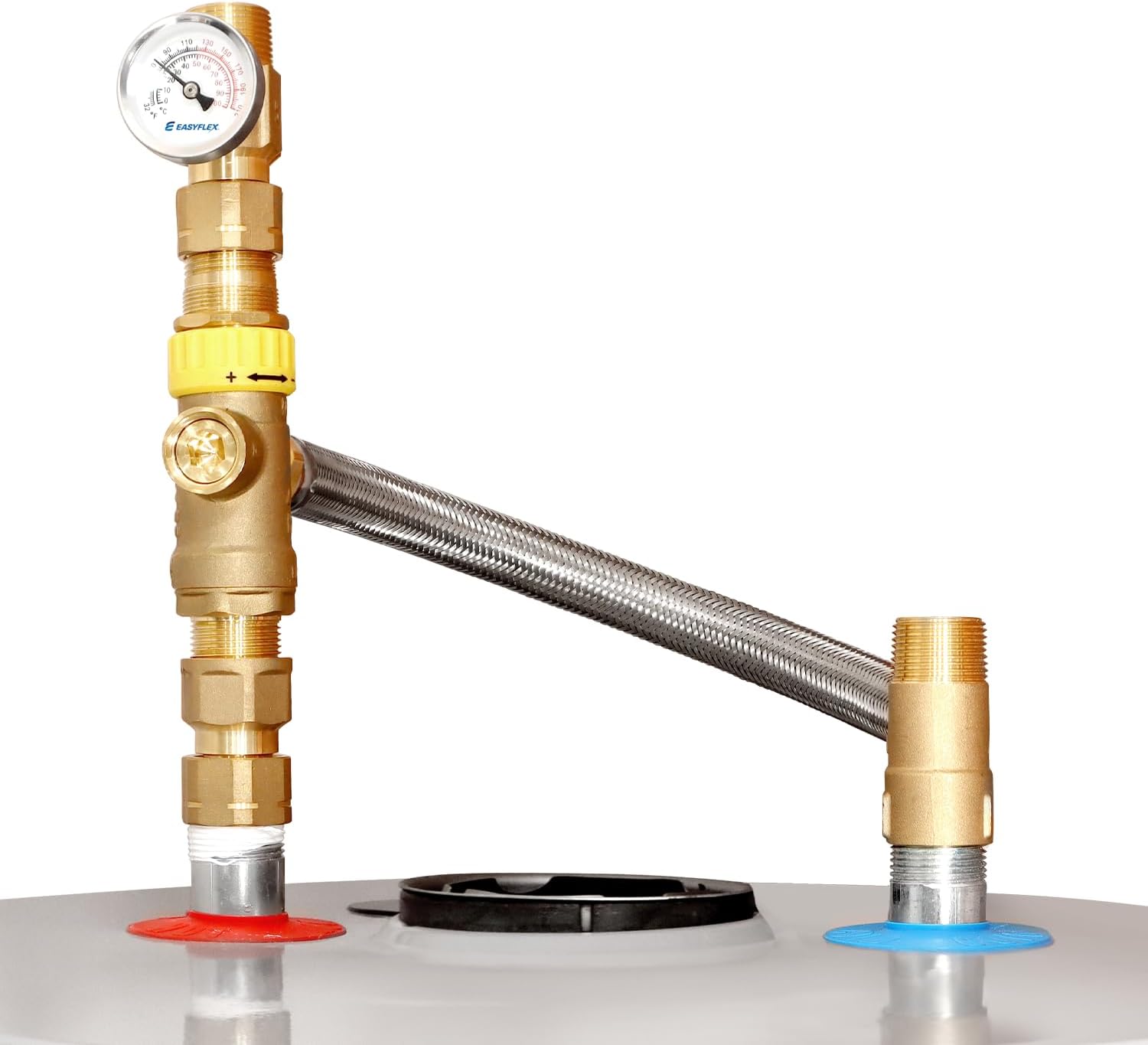 Water Heater Thermostatic Mixing Valve with Temperature Gauge and Flexible Connector (Braided)