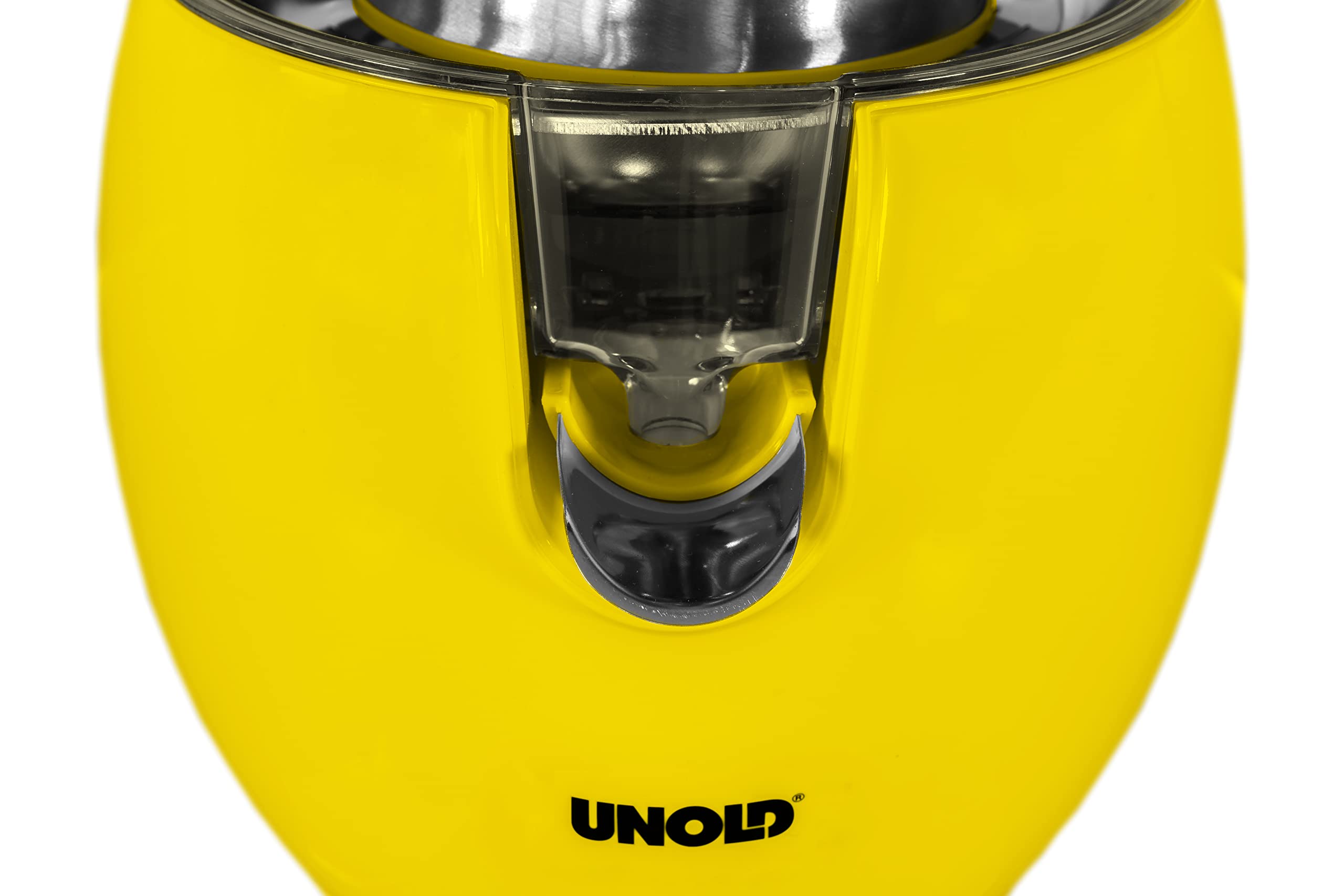 Unold 78132 Zitruspresse Power Juicy Yellow - für große und kleine Zitrusfrüchte, 1100W Motor für perfekte Saft-Ausbeute, Saftstopp-Auslauf, komplett zerlegbar, spülmaschinengeeignet, BPA-frei