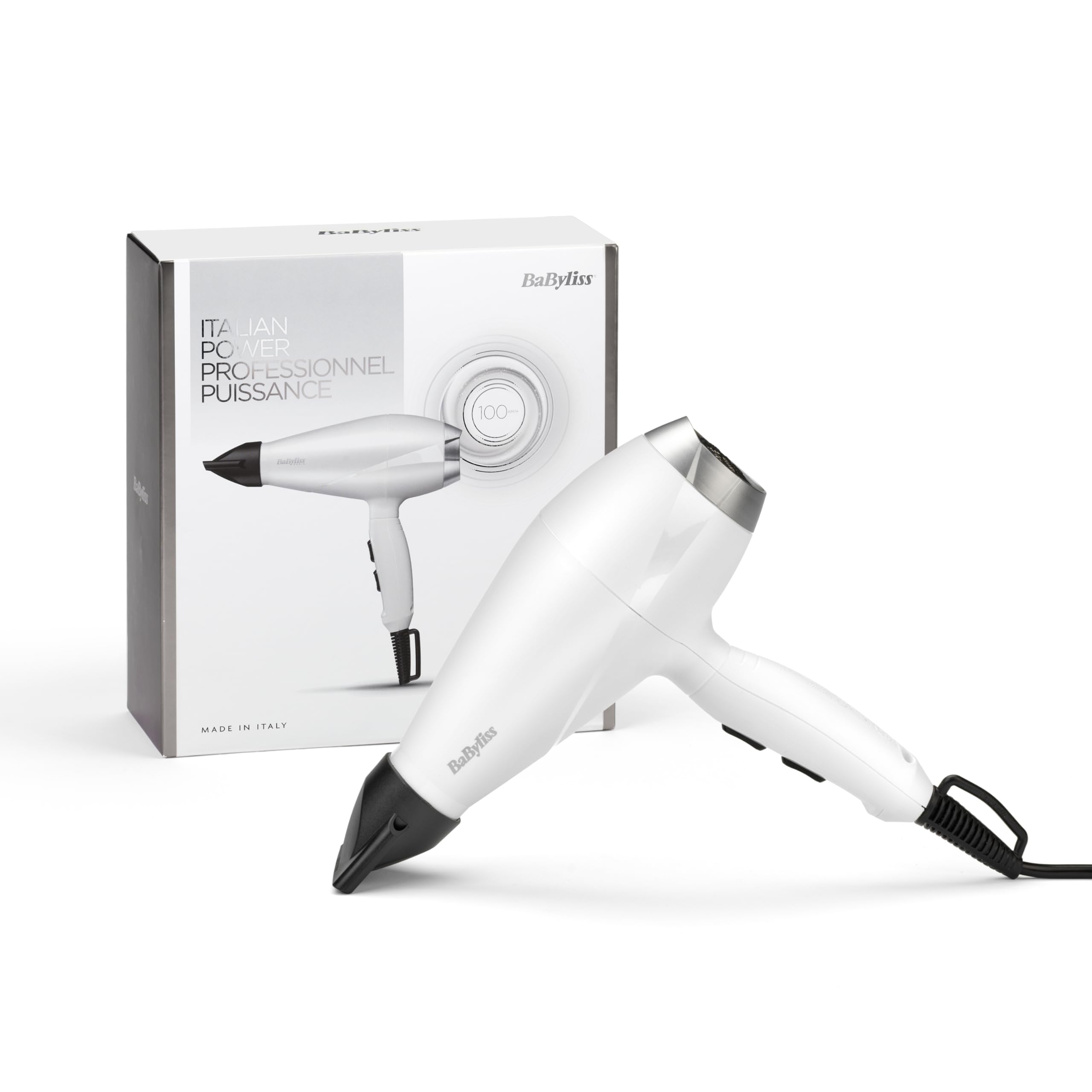 BaByliss Secador de Pelo Speed Pro 2000 W - Secador profesional, Motor AC, Fabricado en italia, Ligero, Tecnología iónica, Antiencrespamiento, 3 Ajustes de calor y 2 velocidades, Blanco, 6704WE