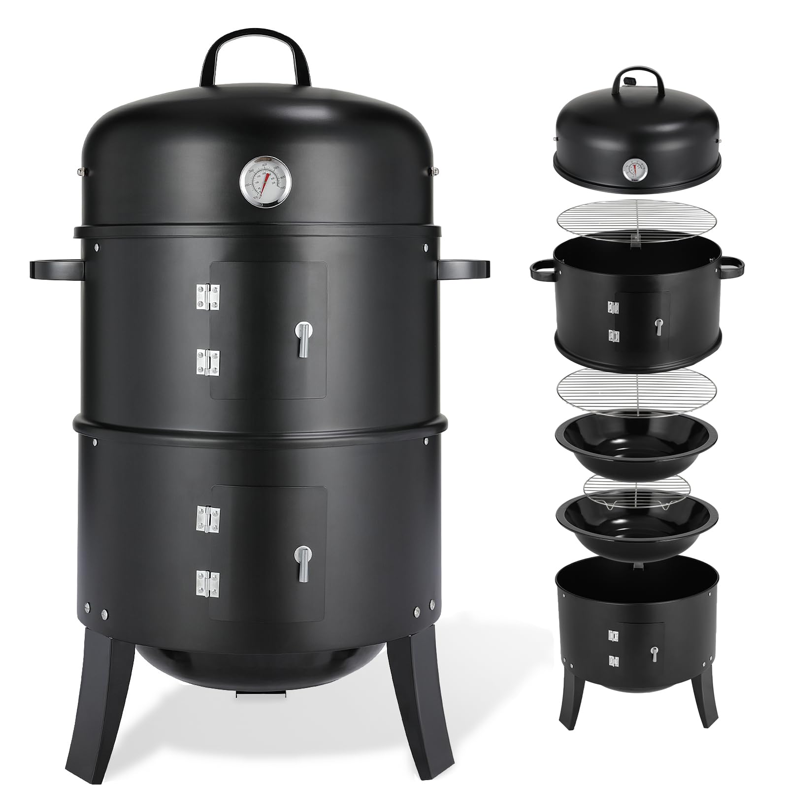 TLGREEN 3 w 1 Wędzarnia, Grill z Pokrywką, Termometr, 2 Ruszty ze Stali Nierdzewnej, 2 Emaliowane Tacki na Wodę, Beczka Wędzarnicza z Uchwytem, BBQ Smoker, Grill Węglowy, do Wędzenia i Grillowania