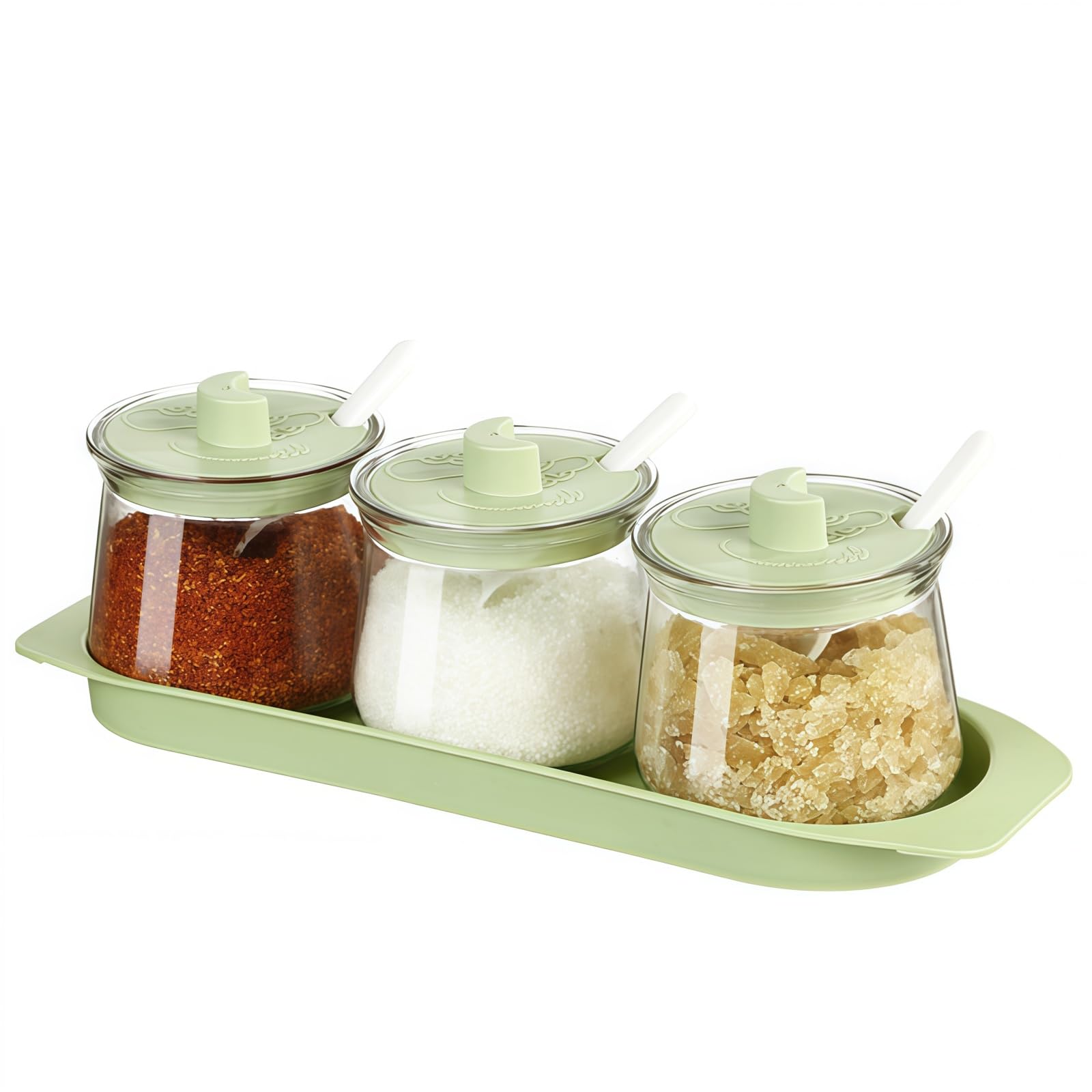 Siocok Green Set Of 3 Glass Condiment Jar With Tray, Condiment Container Seasoning Box Set, With Lids And Spoons Kitchen Seasoning Box For Salt Pepper Sugar Spice Storage,Kitchen,Counter (Green)