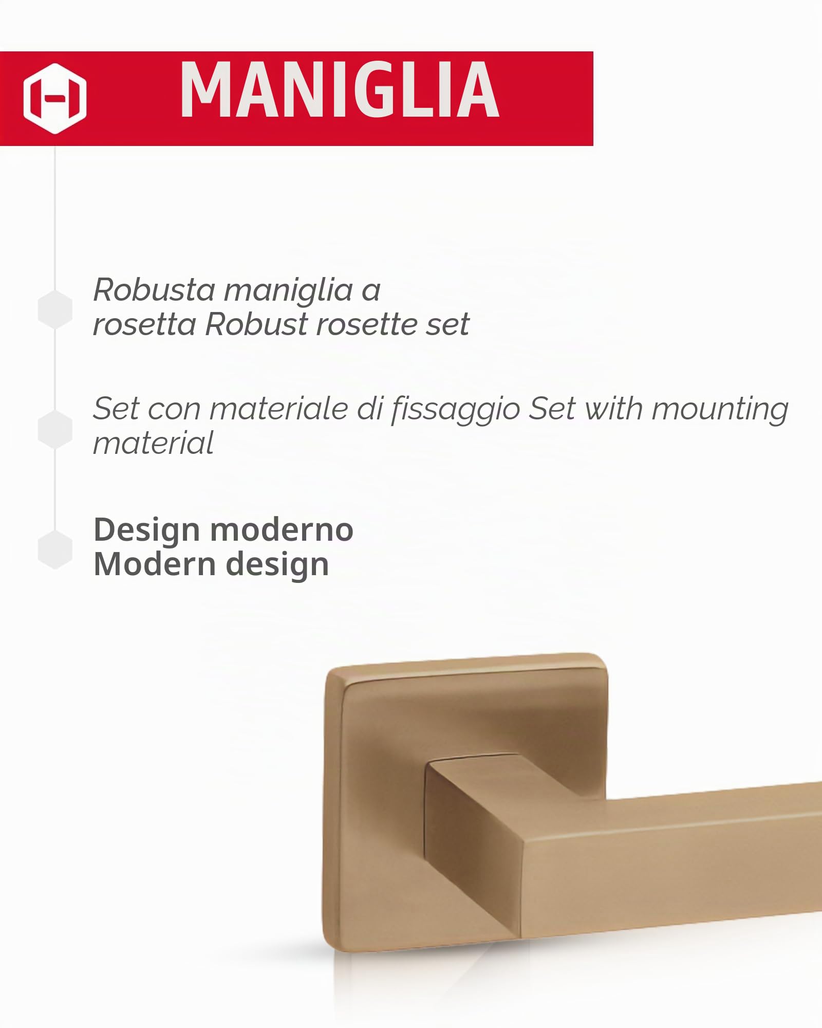 Gedotec Maniglia per porta in ottone spazzolato | 1 set | set di rosette su rosette rettangolari | KARAT | BB - serratura | maniglia per porta interna | set di maniglie con materiale di fissaggio |
