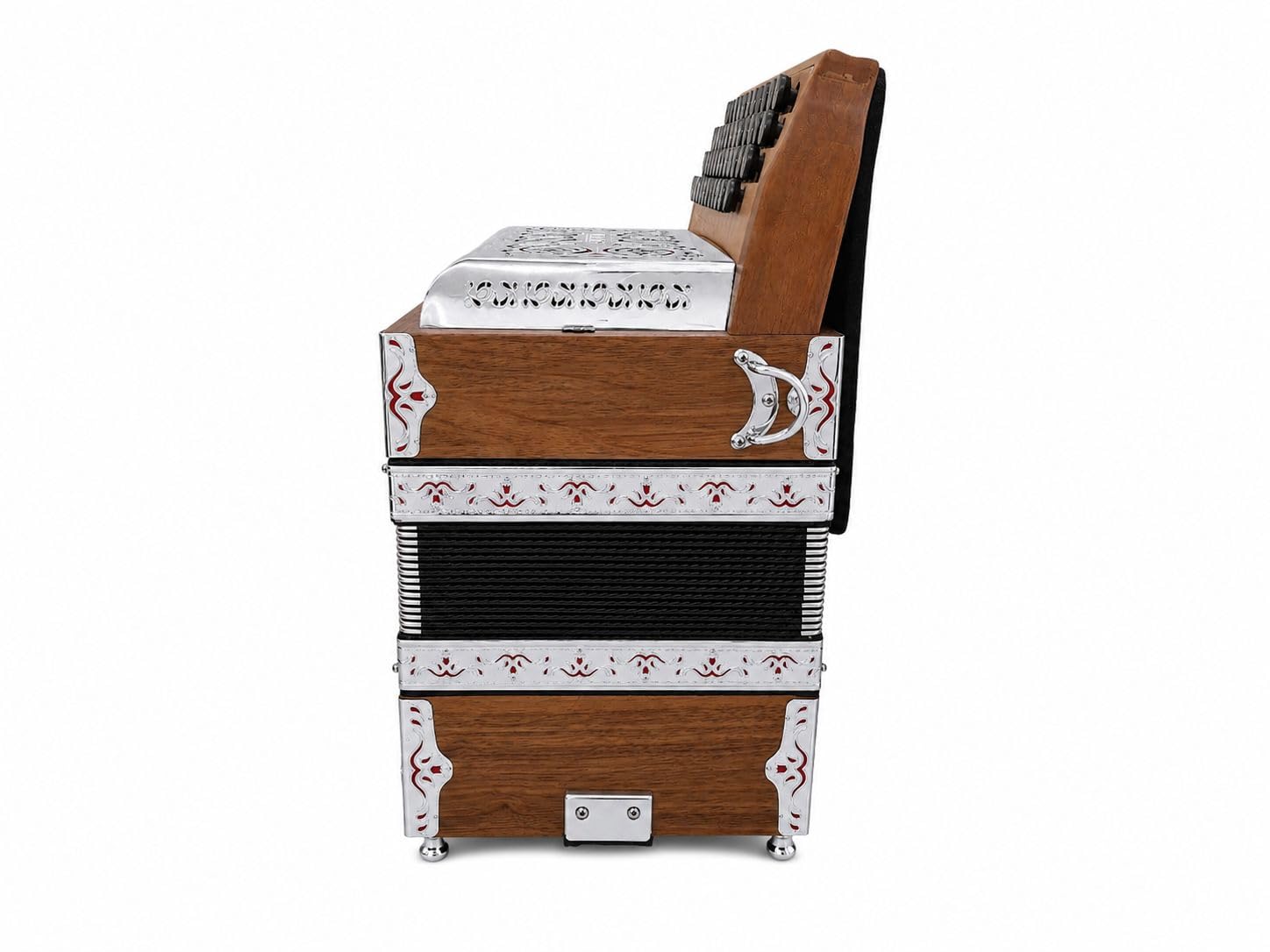 Steirische Harmonika Alpen Compact Nuss G/C/F/B – 4-reihig, 2-chörig, X-Bass, Mollbässe, Halbtöne, 44 Diskant, 16 Bass, Kinderharmonika, Reiseharmonika, inkl. Luxuskoffer & Rucksack