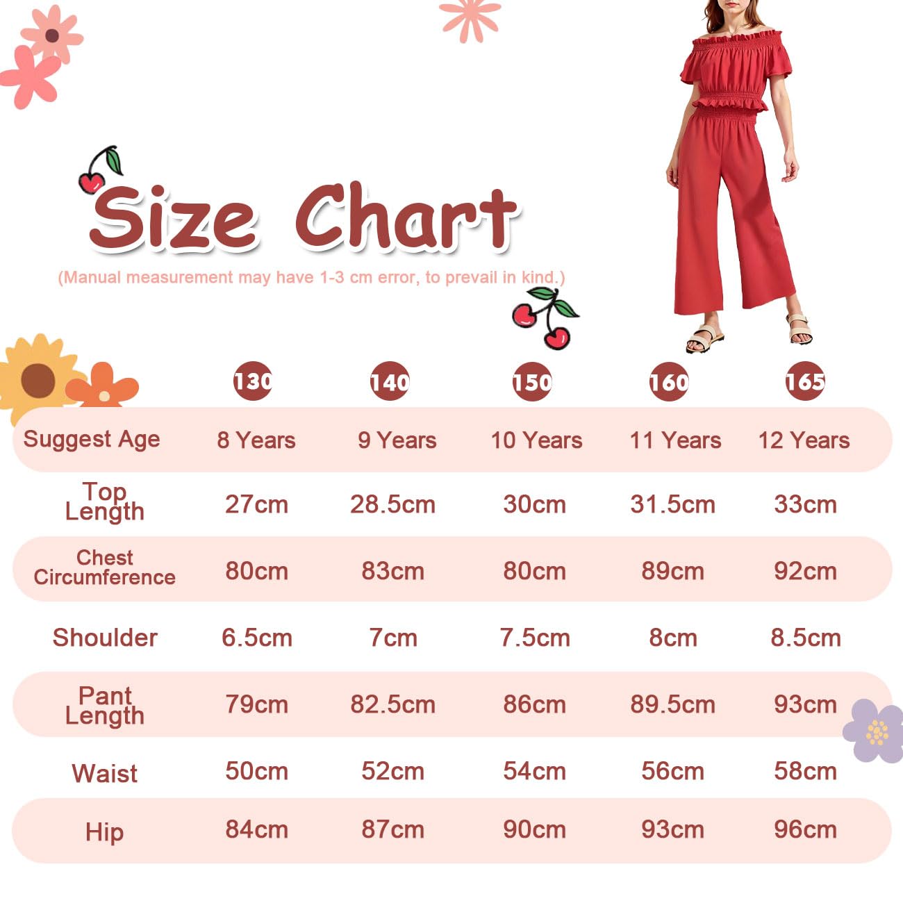 Completo Estivo Bambina, Top con Spalle Scoperte, Maniche con Volant e Vita Stretta + Pantaloni Elasticizzati a Vita Alta e Gamba Larga, Abbigliamento Bambina, Rosso 8-12 Anni