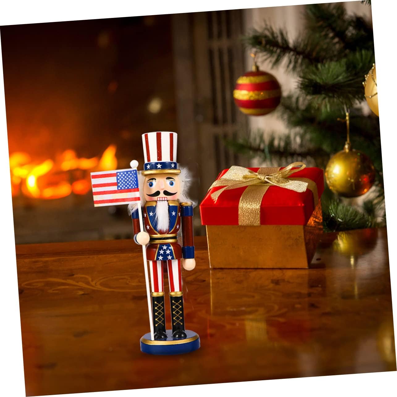 Ciieeo 3Pcs Wooden Nutcracker Soldier Figurines with USA Flag, Cane - 9.84 Inch Patriotic Tabletop Decor for Independence Day, Memorial Day, and Christmas Decorations