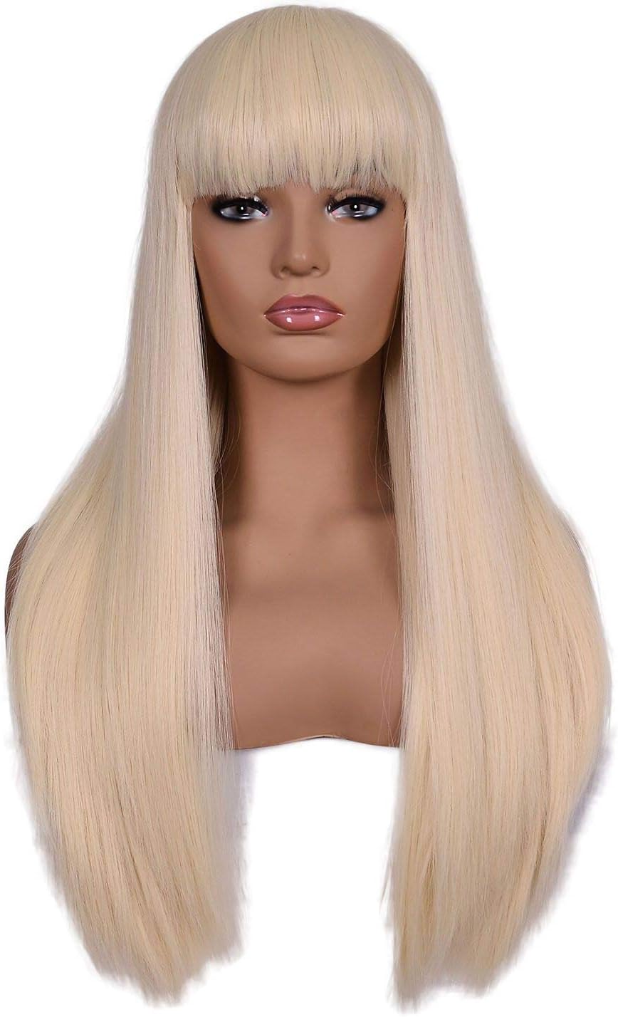 morvally Women's 26 inches Long Straight Blonde Synthetic Resistant Hair Wigs with Bangs Natural Looking Wig for Women Halloween Cosplay (Blonde)