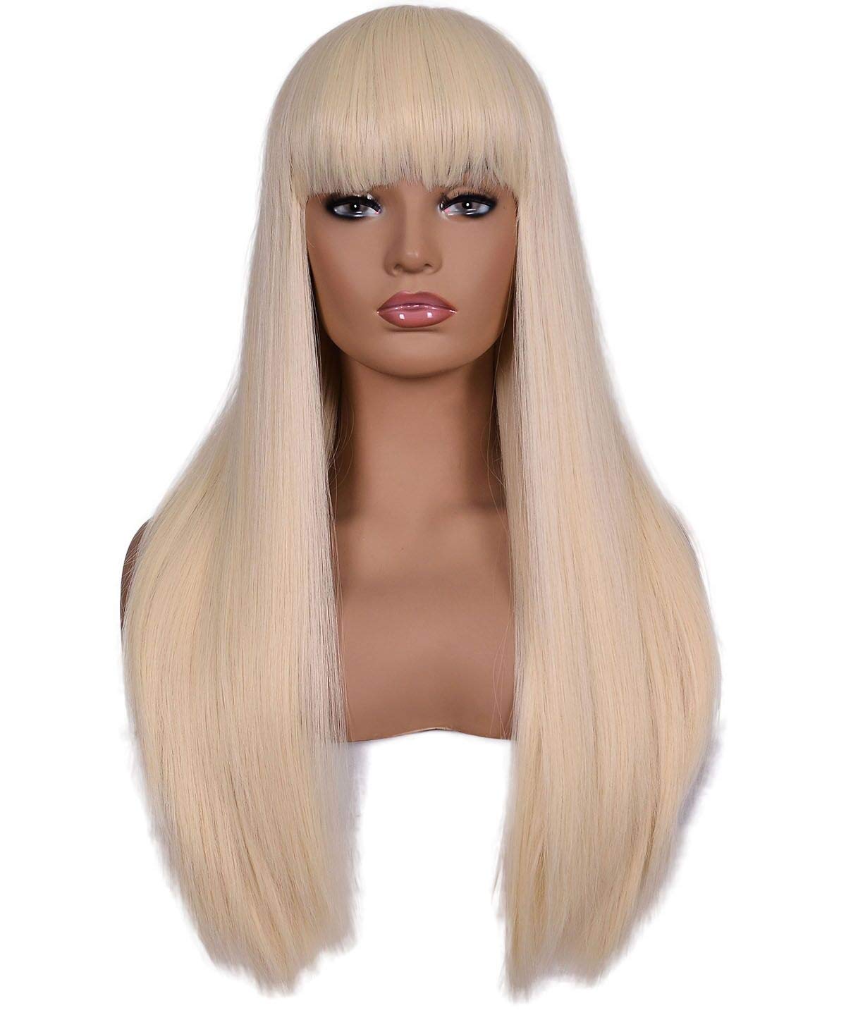 Women's 26 inches Long Straight Blonde Synthetic Resistant Hair Wigs with Bangs Natural Looking Wig for Women Halloween Cosplay (Blonde)