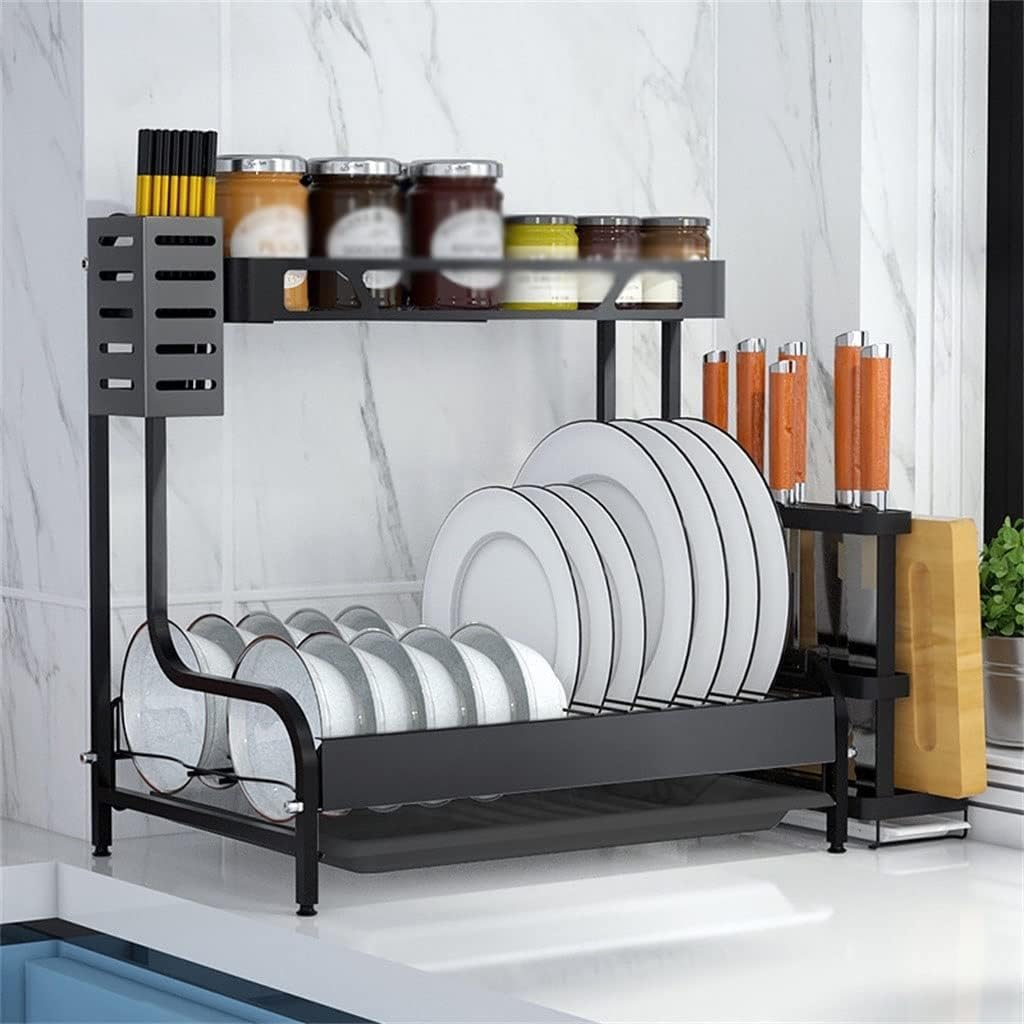 Escurreplatos Estante para platos Estante para platos de metal de 2 niveles Suministros de cocina Estante para especias Cuchillo multifuncional Estante para almacenamiento de platos Estante para taz