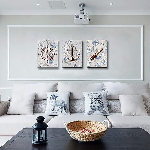 Miniatura 3 de Colgante de lienzo con temática oceánica para volante, telescopio, barco, impresiones en lienzo, arte de pared para dormitorio, decoración de pared