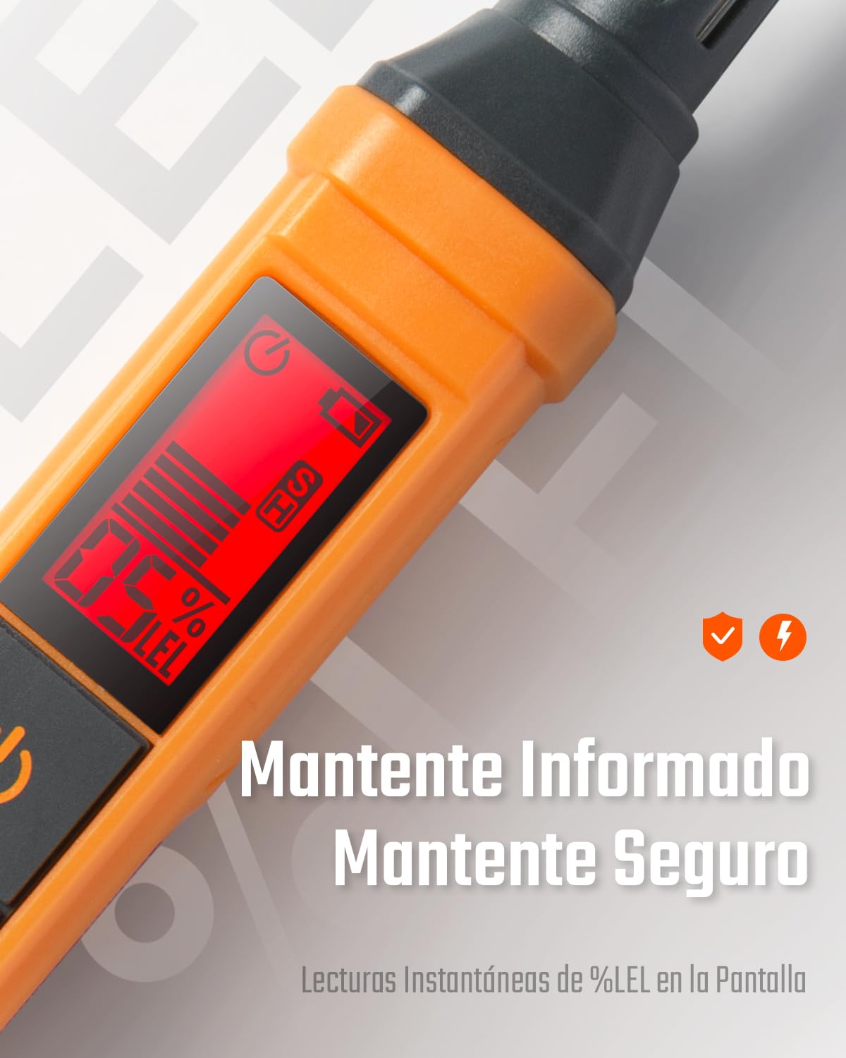 Detector de Gas TopTes PT205, Detector Fugas Gas Natural con Alarma Sonora y Visual, Detector Gas de Propano, Metano, Butano y Gas Combustible con%LEL, para Hogar y Caravana (Incluye 2 Pilas)-Naranja