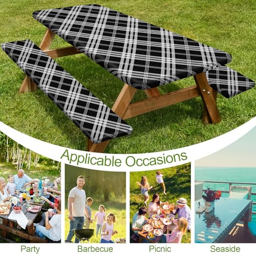 Image of Picnic Table Cover with Bench Covers 6FT 3 Pcs Waterproof Windproof Aesthetic Camping Tablecloth with Drawstring Bag, Fitted for 6 Foot Rectangle Tables and Seats, 72 inch, Black Grey Checkered