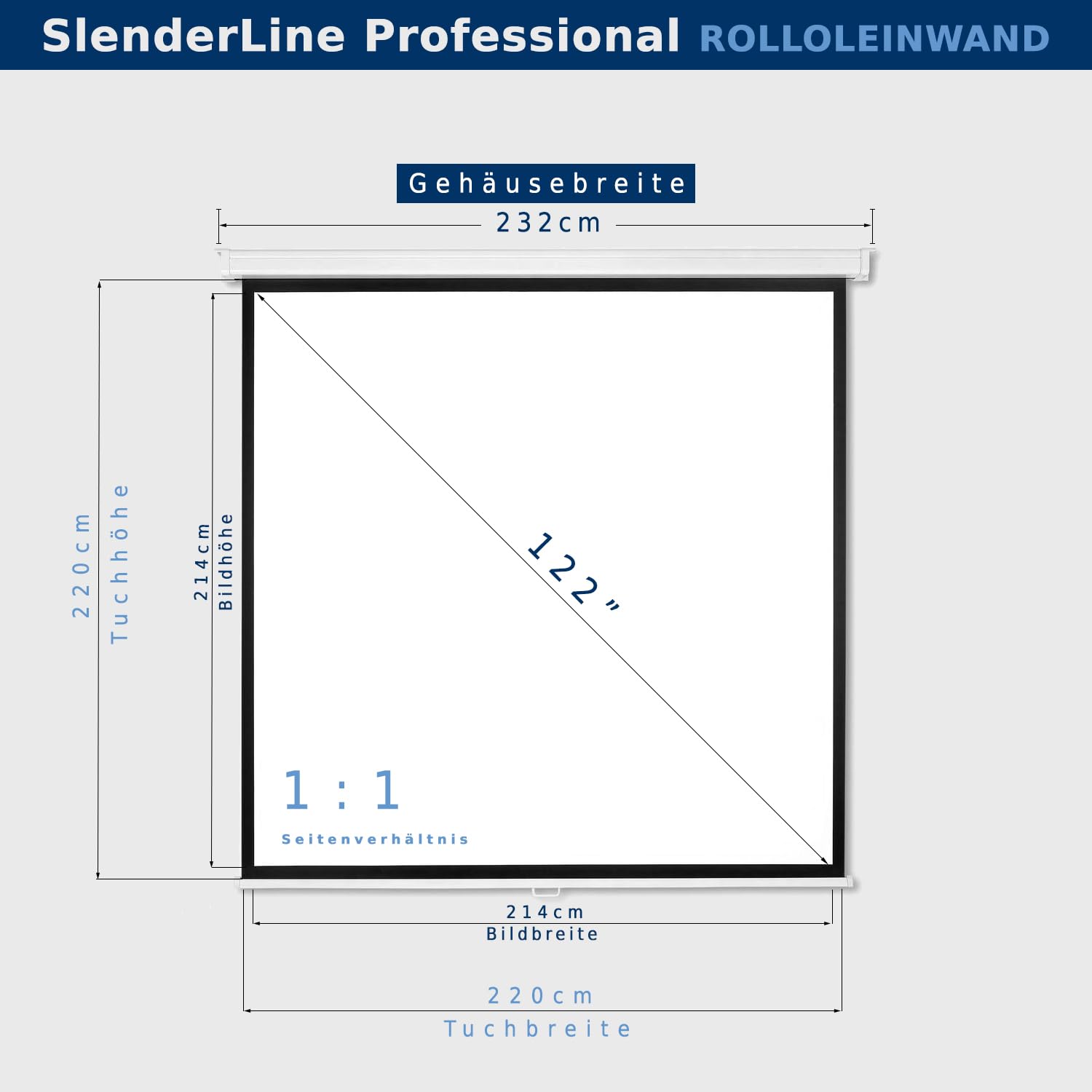 SlenderLine Professional ekran zwijany 220 x 220 cm | 122 cale | format obrazu 1:1 | gotowy do domu: 232 cm | uniwersalne ekran projekcyjny do kina domowego i prezentacji | montaż sufitowy i ścienny
