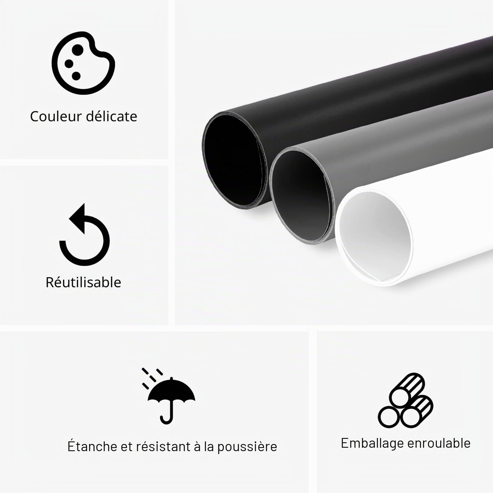 Selens Toile de fond en PVC pour photographie,80x150 cm,Blanc,Noir,Gris,Papier vinyle mat,Pour studio photo,Accessoires de produits alimentaires,Portrait plat,Cosmétiques,Bijoux,Prise de vue vidéo