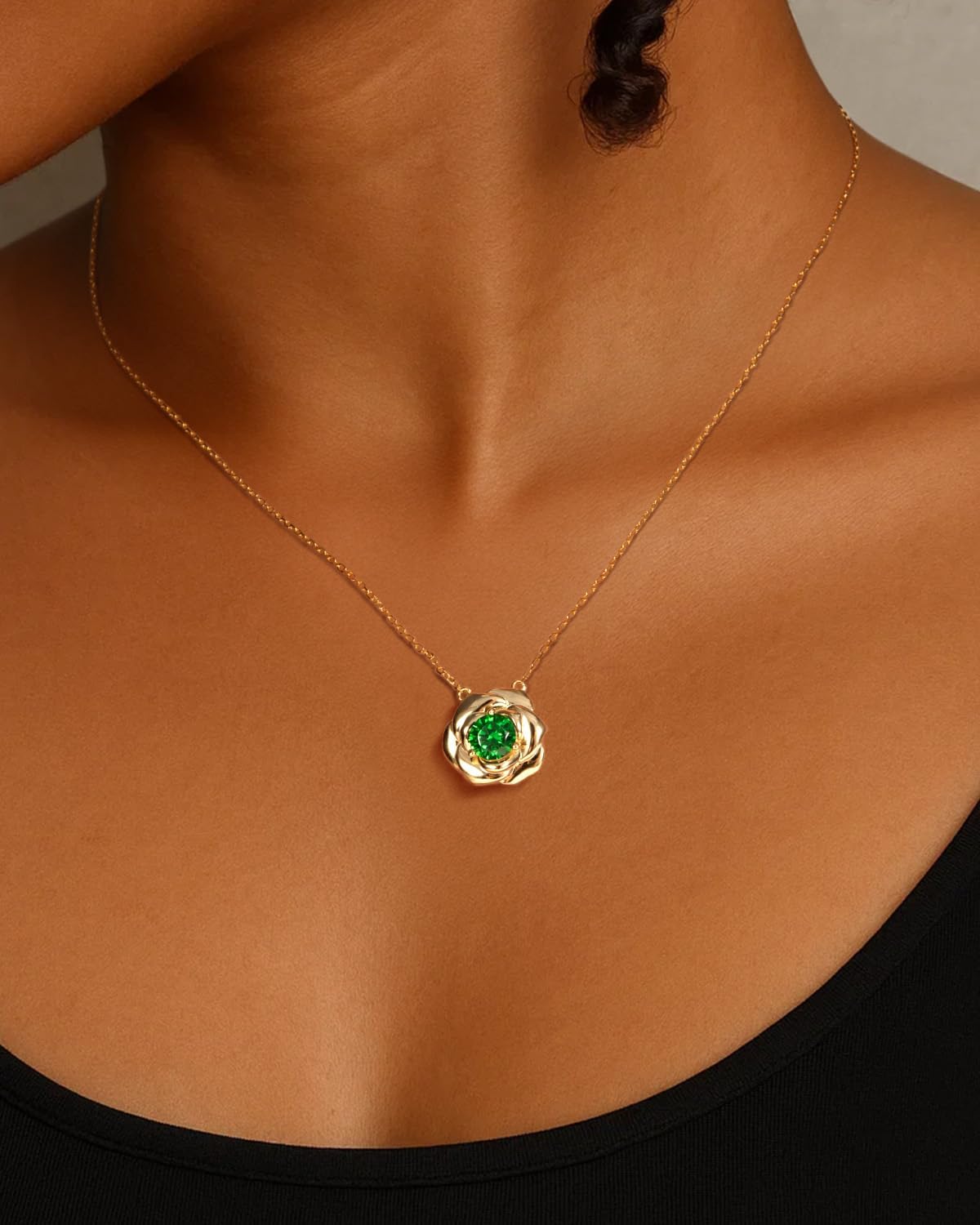 Birthstone Necklace Rose Flower Pendant, 14K Gold Plated 925 Sterling Silver Charm & Chain 18"+2", Dainty Jewelry for Women Wife Girlfriend Mom Personalized Anniversary Christmas Birthday Gift