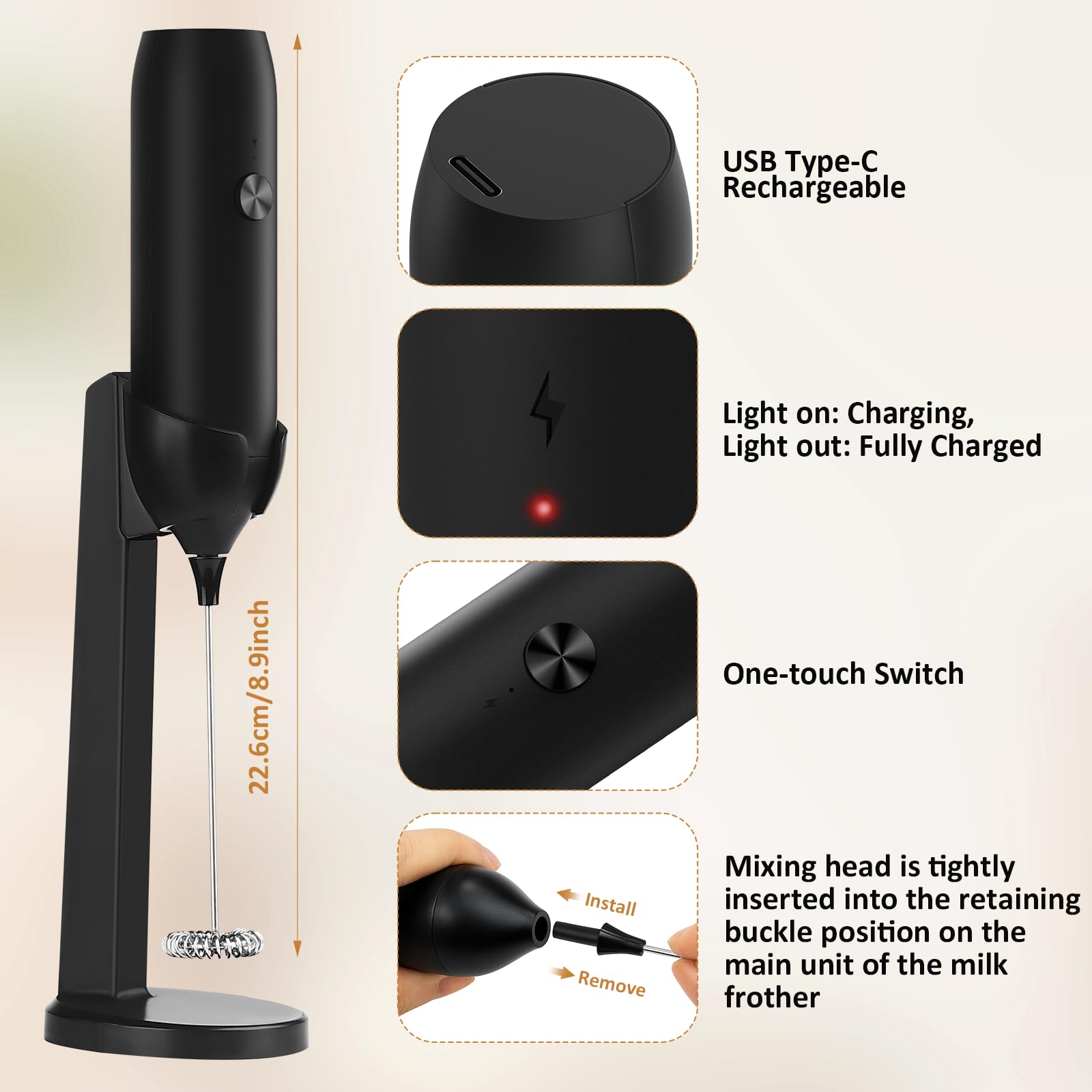 Espumador de leche recargable de mano USB tipo C, potente máquina de espuma eléctrica con soporte, mini mezclador de bebidas para café con leche, capuchino, moca, macchiato, frappe y proteína en polvo 3