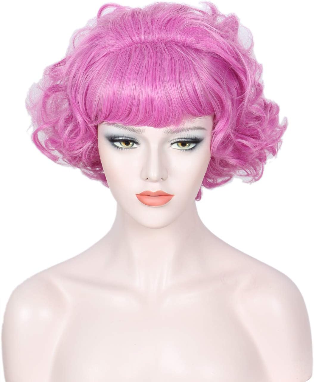 Linfairy 50s Short Pink Curly Wig for Women Halloween Costume Beehive Wigs, Medium to Large