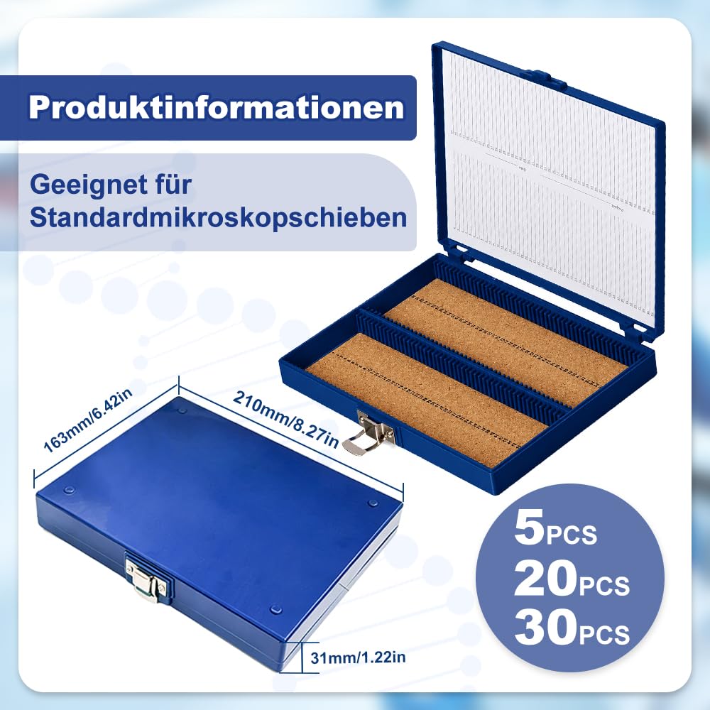 Caja de 5 unidades para 100 portaobjetos, económica, caja de microscopio, rectangular, caja de almacenamiento para laboratorio, revestimiento de corcho
