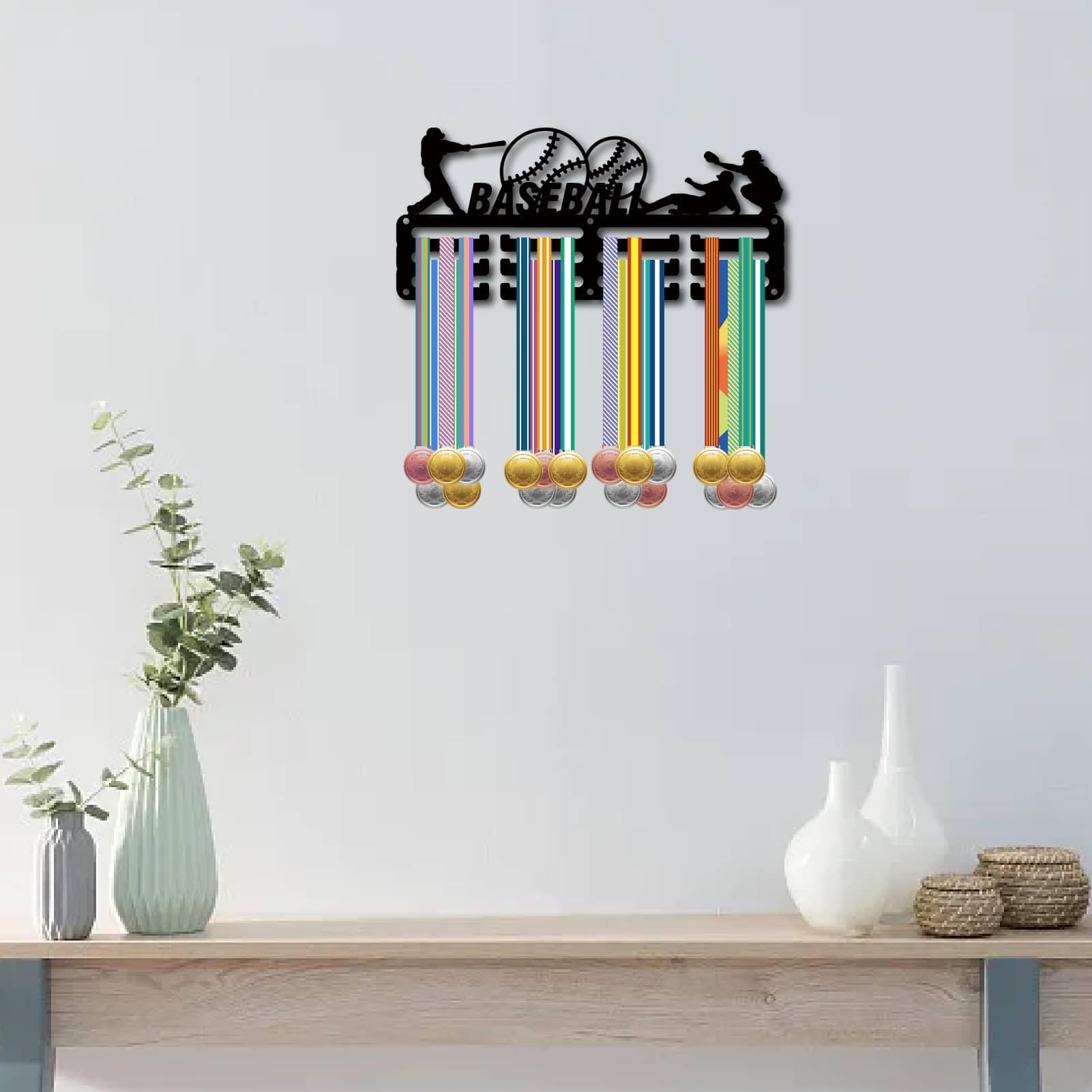 CREATCABIN Colgador Medallas Béisbol Soporte Pared 29x13cm Negro