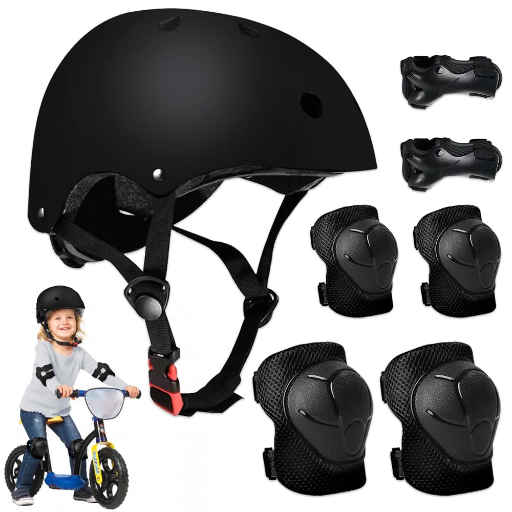 Mizikuu Protection Roller Enfant 7 en 1 Casque Vélo Kit Réglables Coudières Genouillère Protège Poignets pour 3-7 Ans Skateboard BMX Patin à Glace Noir