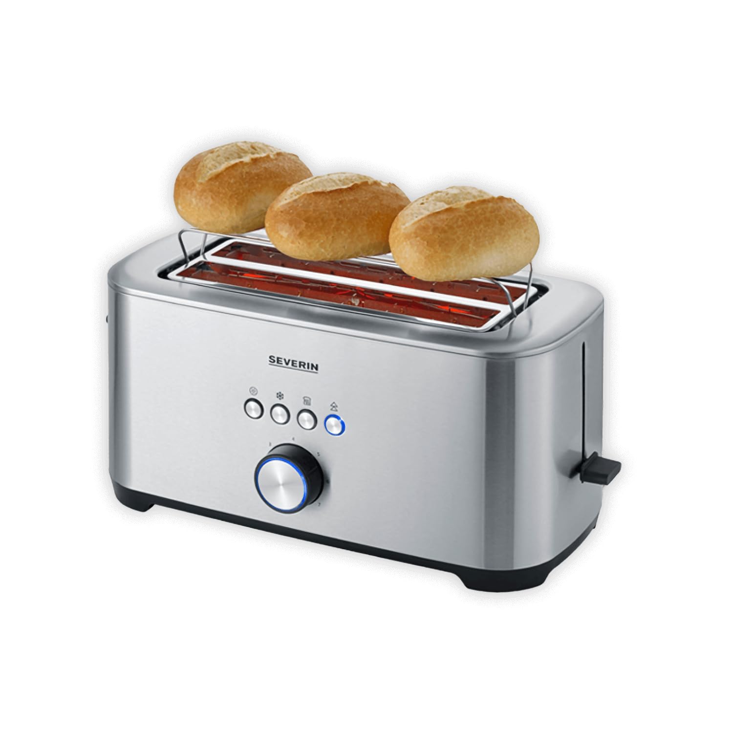 Severin Langschlitz-Toaster, 4 Brot-Scheiben, 7 Stufen, Brotscheibenzentrierung, Auftaufunktion, Abschaltautomatik, Brötchen-Aufsatz, Krümelschublade, 1400W, Edelstahl-gebürstet, silber, AT 2621
