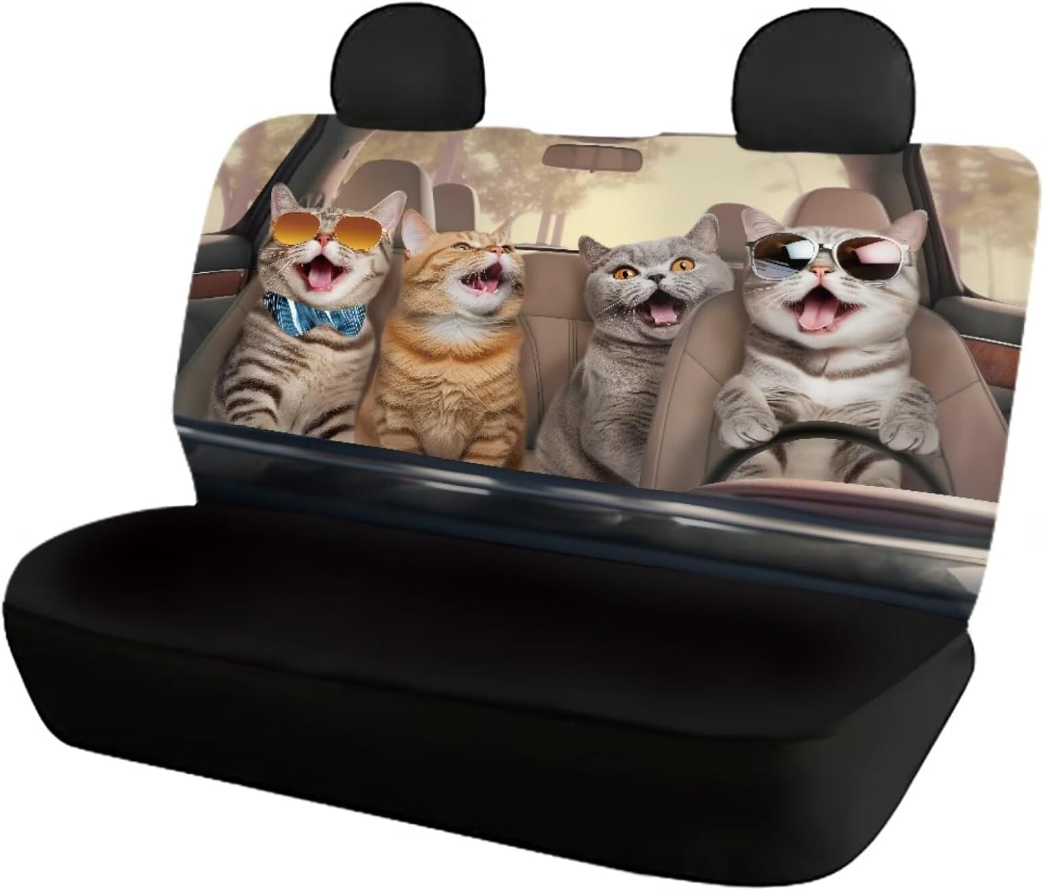 Funny Smiling Cat Car Seat Covers for Trucks Van SUV Easy to Install Elastic Thick Universal Fit Auto Front and Back Bench Seat Covers Car Seat Protector Cushion Black Cute Car Accessories