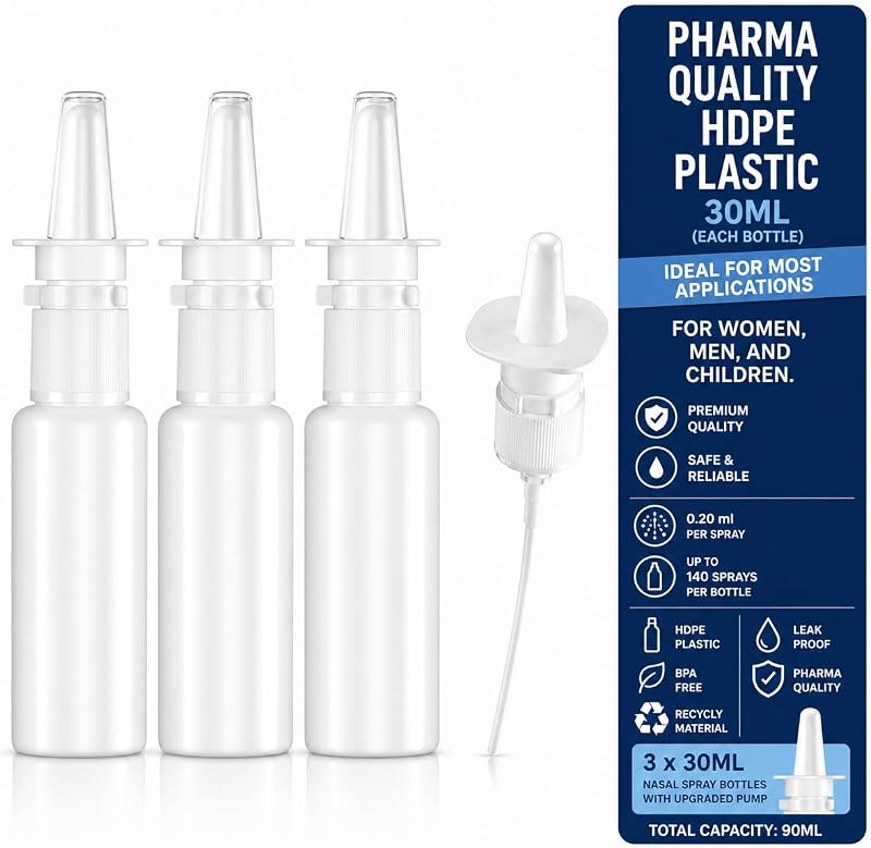 JULLY! Frasco spray recarregável de 30 mL com névoa fina, plástico HDPE, branco, pacote com 3