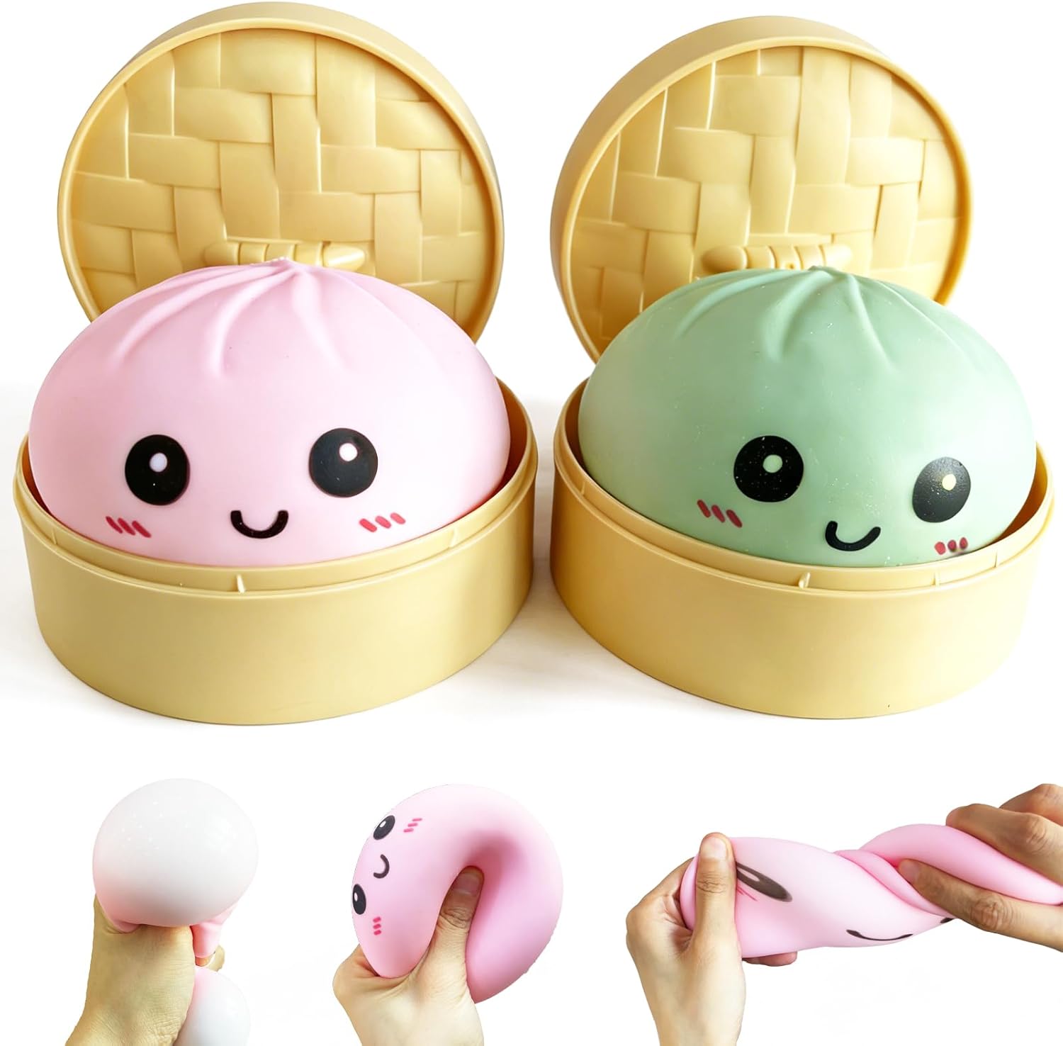 2 Pack Mini Dumpling Squishy Toys – Soft Slow Rising TPR Smiley Face Squeeze, Tear-Resistant Sensory Fidget Toys, Easter Basket Stuffers, Party Favors, Mystery Box Style (Pink & Green)