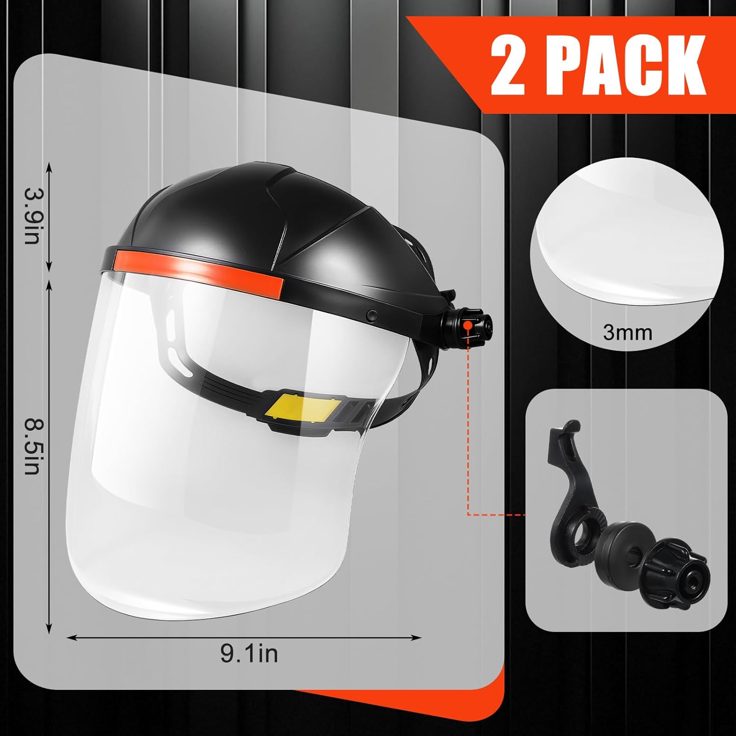 Tellegloww 2 Pack Safety Face Mask Shield for Grinding and Cutting Impact Resistant Visor, Upgraded Thickening 3mm Visors, Full Impact Resistant Face Mask, Adjustable Headgear with Sweatband