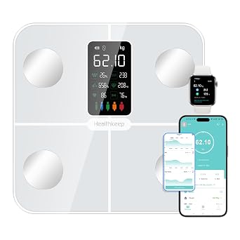Healthkeep Scales for Body Weight with Large Display, 15 Body Datas with Heart Rate for Weighing Fat Scale, Smart Weight App Compatible with iOS & Android, Max 400lb/180kg/28st, 28cm, White