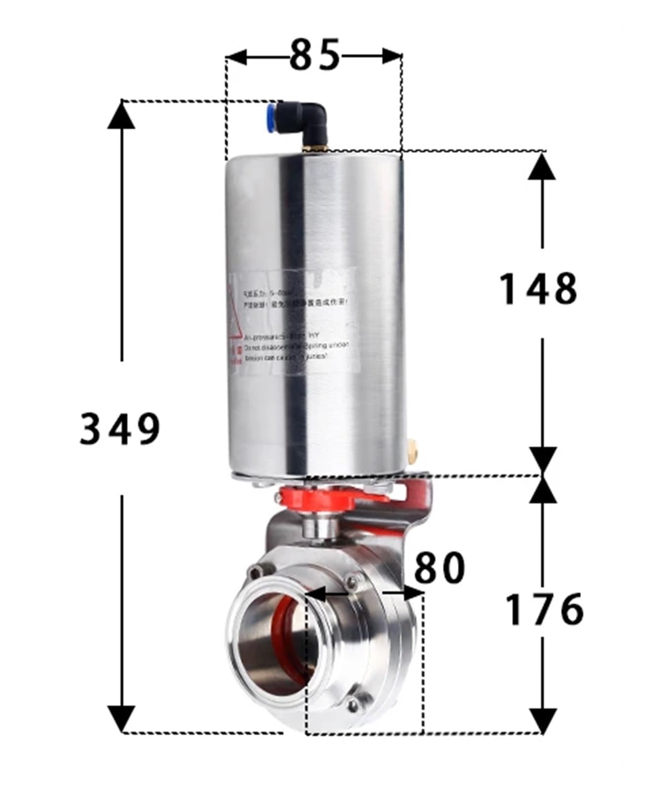 Válvula de Mariposa Sanitaria de Acero Inoxidable 304 316L con actuador neumático for elaboración casera de Cerveza, de 19 a 108 mm, con Abrazadera Triple de 1,5", 2" y 4"(89mmK106)