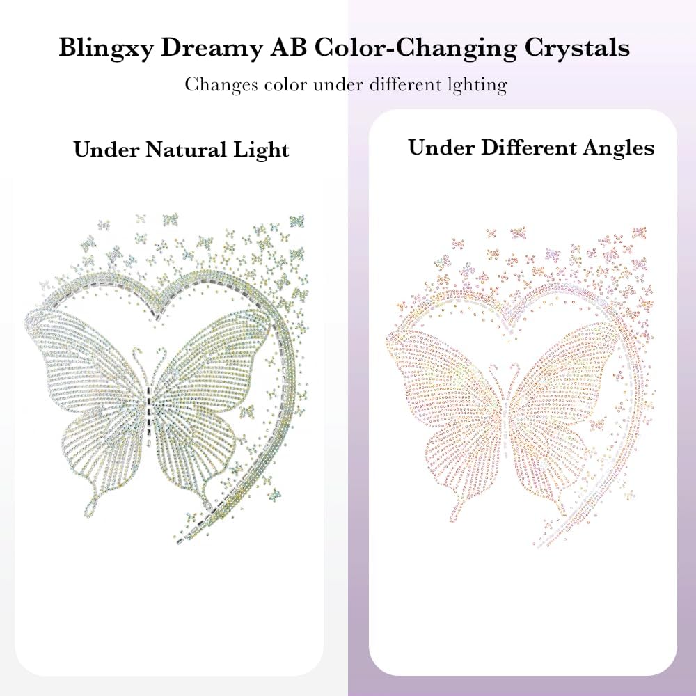 Butterfly Heart Iron on Rhinestone Transfer, 8.66 x 7.48 in AB Crystal Hotfix Applique Patch for T Shirts, Denim Jackets, Hoodies, Wedding Party DIY Decor