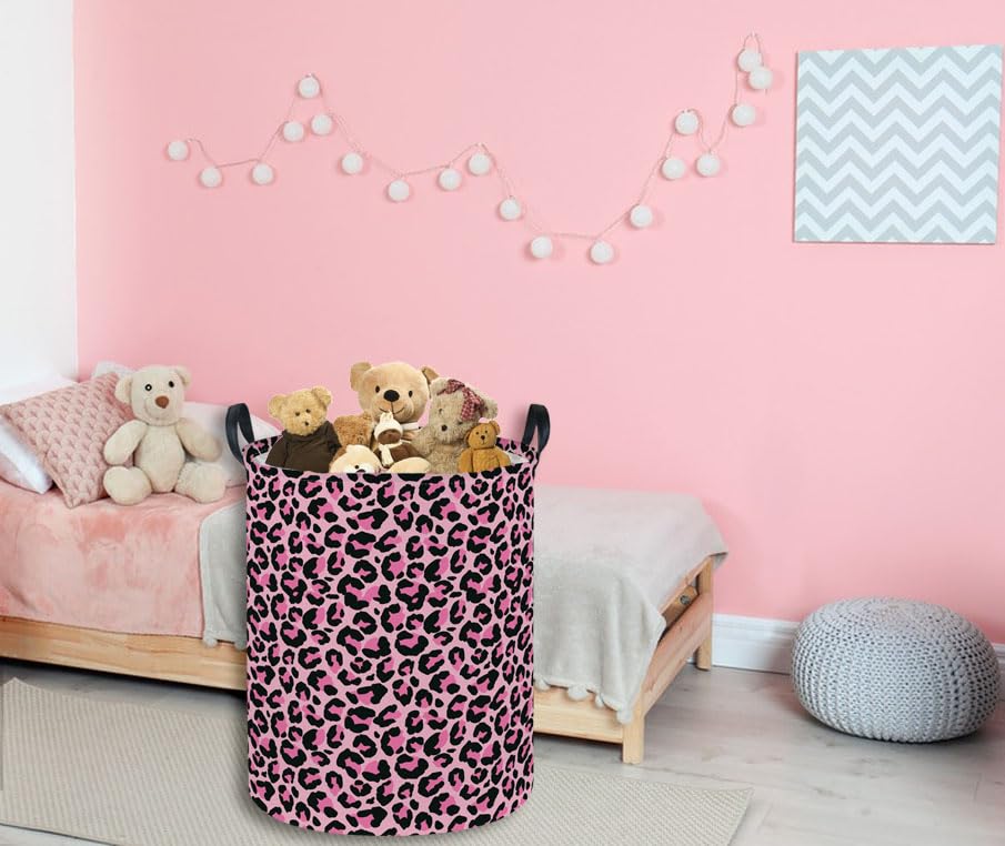 Image of ESSME Laundry Basket,Pink Hamper Collapsible Canvas Waterproof Storage Bin, Leopard Print Hamper,Gift Baskets(Pink leopard print)