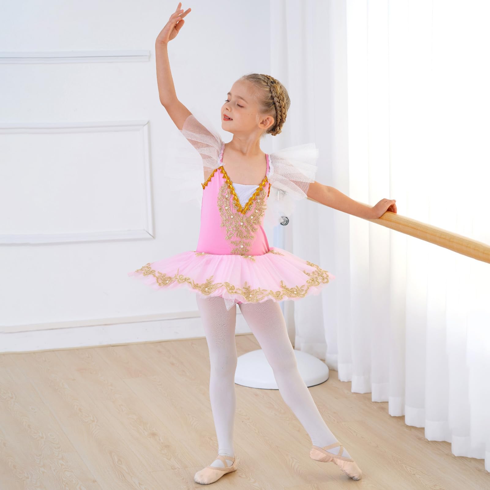 IBTOM CASTLE Maillot Ballet Niña Pluma Bordada Disfraz Bailarina Tutu Princesa Elegante Mallot Patinaje Artistico Competicion Niña