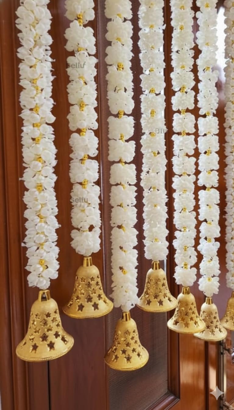 Sonsun 2,4,6 Pcs Decorative Artificial Mogra (Jasmine) Flower Garlands String with Bell for Diwali, Home Decoration, Pooja Room, Wall Hanging Toran, Main Door Wedding Decor – 2.25 feet/ 30 inches (2)-image-13