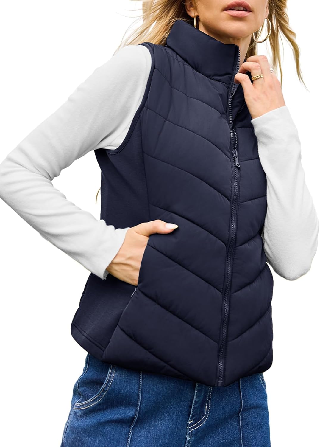 Dokotoo Puffer Vest Women Sleeveless Zip Up Outerwear Stand Collar Quilted Vest Warm Winter Jackets Coats with Pocket