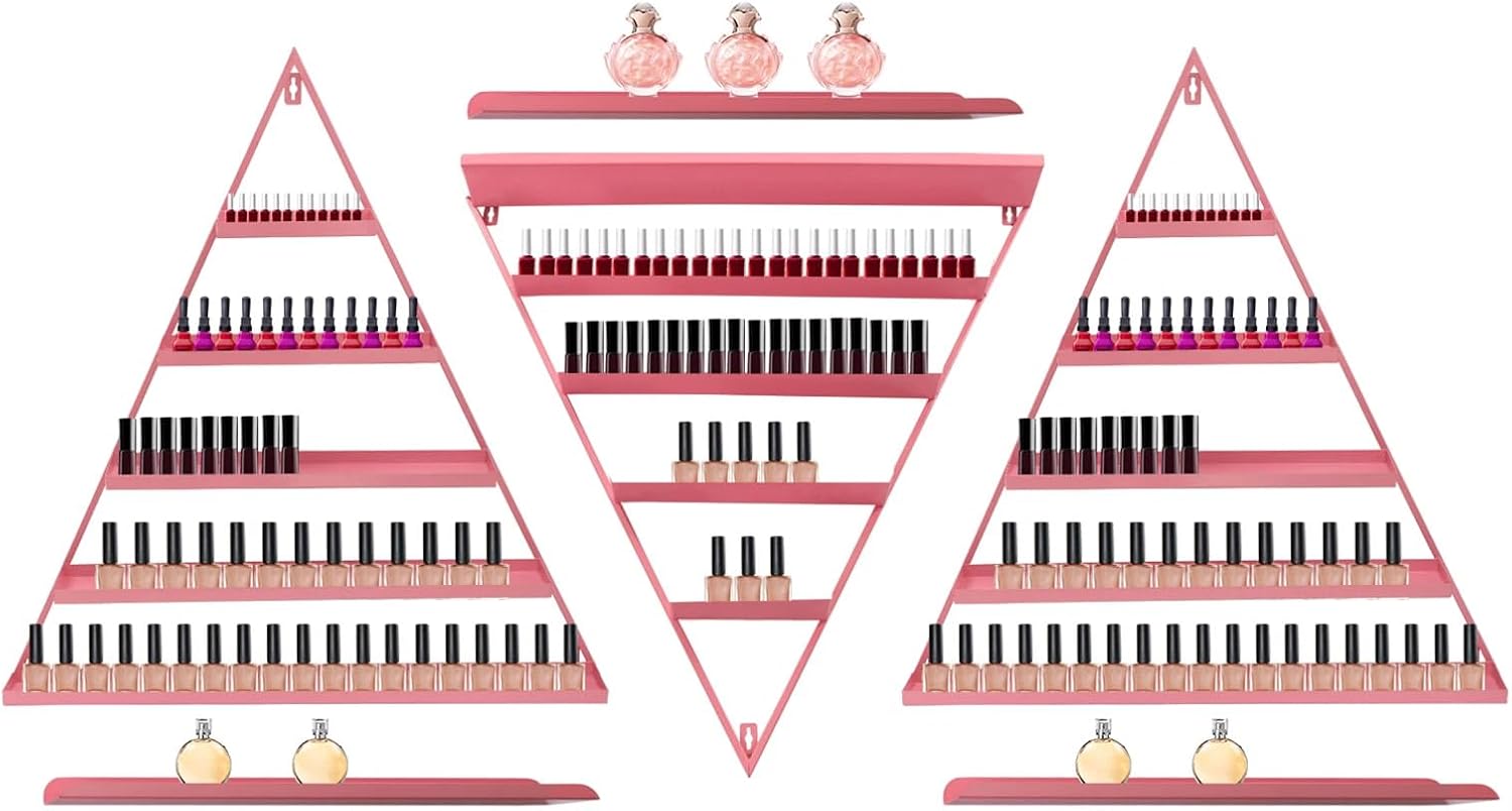 MetalTriangular Nail Polish Rack, 6-Pack Wall Mounted Cosmetic Display Shelves, 5-Tier Organizer Shelf for Lipstick Perfume Essential Oil Home Salon Spa (Pink)