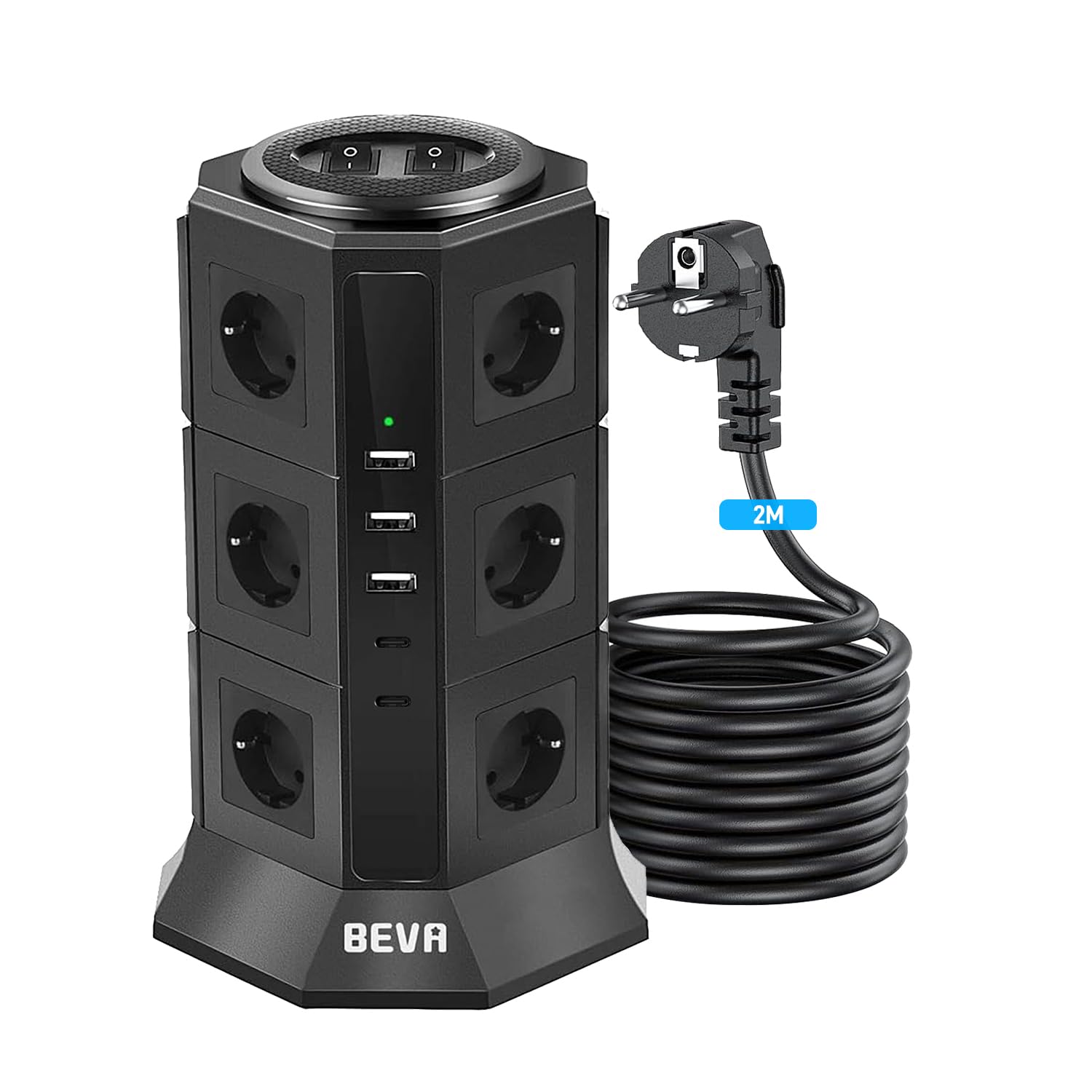 BEVA - Ciabatta elettrica a 12 prese, 5 prese USB, multipresa, protezione da sovratensioni e cortocircuito (con 2 interruttori e cavo da 2 m, 2500 W/10 A)