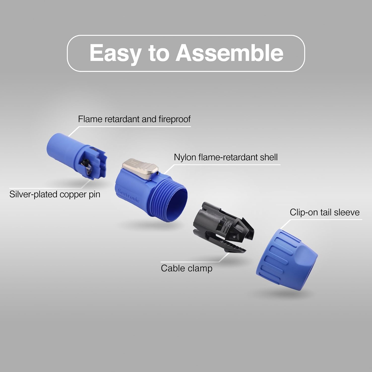 Seetronic SAC3FCA Lockable 3-Pin Power-in Connector | 20A Indoor Powercon Plug for Stage Lighting, Sound Consoles, LED Panels, Power Amplifiers, Audio Racks, and AV Equipment (Blue, Male, 4PC)
