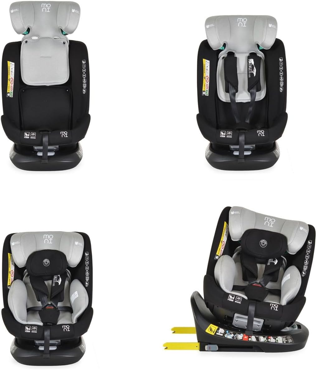 Moni Serengeti i-Size car seat in a reclined rear-facing position, suitable for infants.