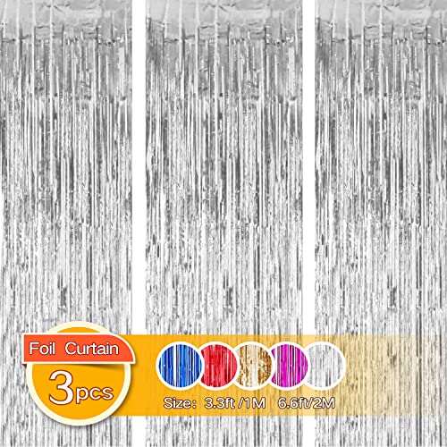 Gulaey Foil Fringe Curtain 3ft x 8.3ft, 3 Pack Silver Metallic Tinsel Curtain Birthday Decorations, Foil Curtain for Birthday Graduation Wedding Engagement Bridal Shower Bachelorette Holiday Party