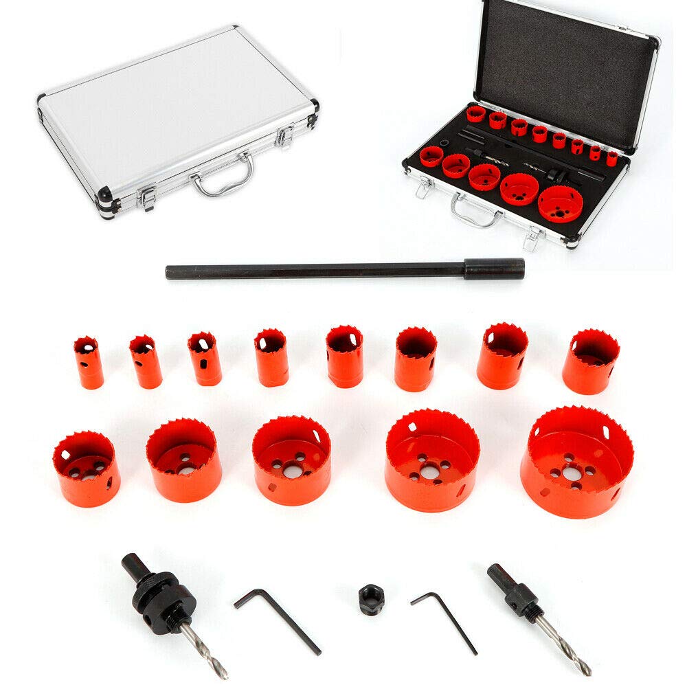 Juego de sierras perforadoras profesionales, 17 piezas, HSS bimetal, brocas de 19-76 mm, con maletín, juego de sierras de corona para metal, aluminio, acero inoxidable, plástico y madera