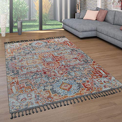 Alfombra Salón Pelo Corto Flecos Colorida Diseño Étnico Motivo Abst