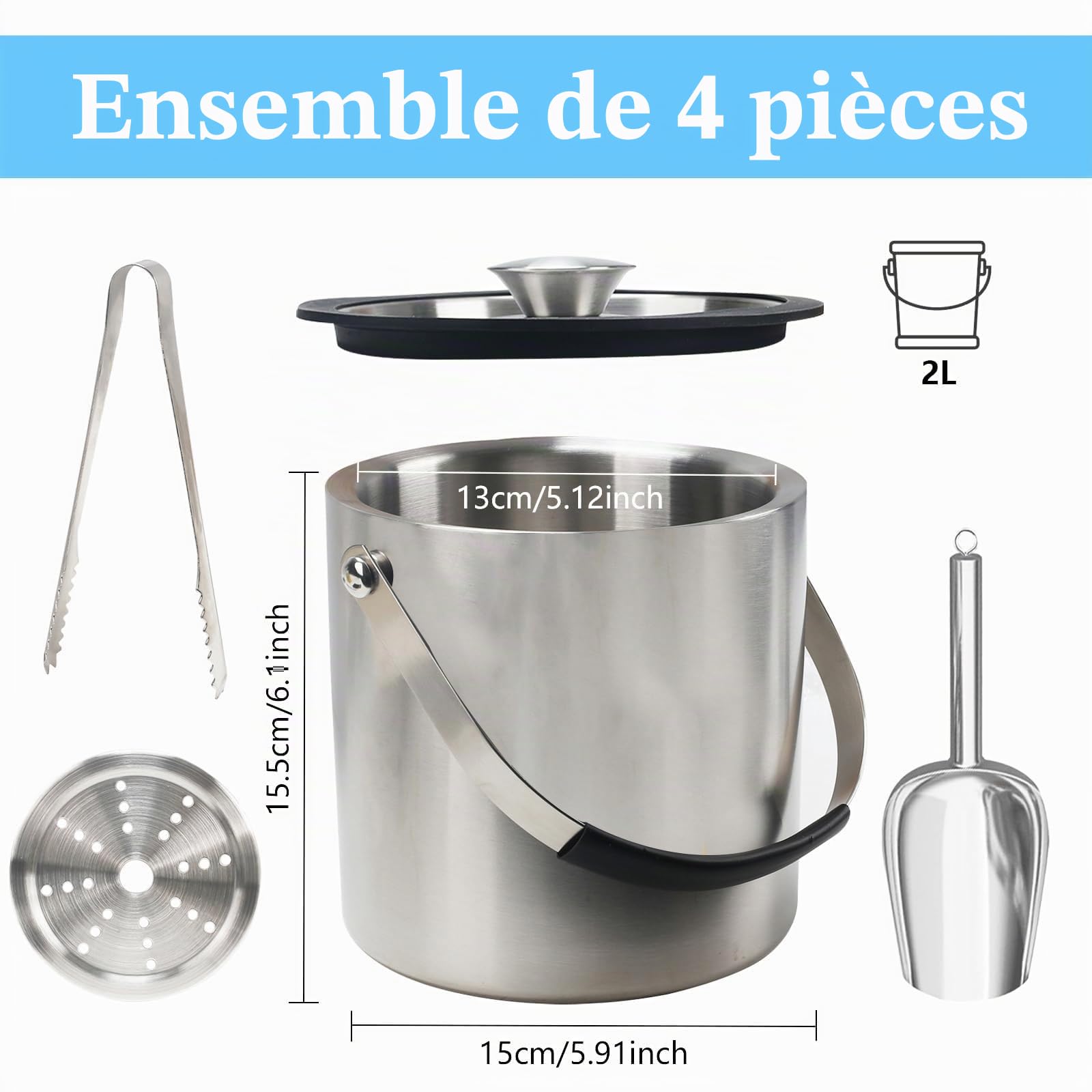 Zythrem Seau à Glace en Acier Inoxydable, 2L Seau à Glacon Isotherme, Seau à Glace Isolé à Double Paroi, avec Couvercle, Pince, Passoire et Poignée, Seau à Champagne pour Bar Fêtes Barbecues