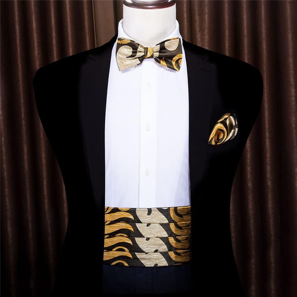 Men Gold Cummerbund Black Bow Tie Silk Floral Set Pocket Square Cufflink Formal For Tuxedo Suit