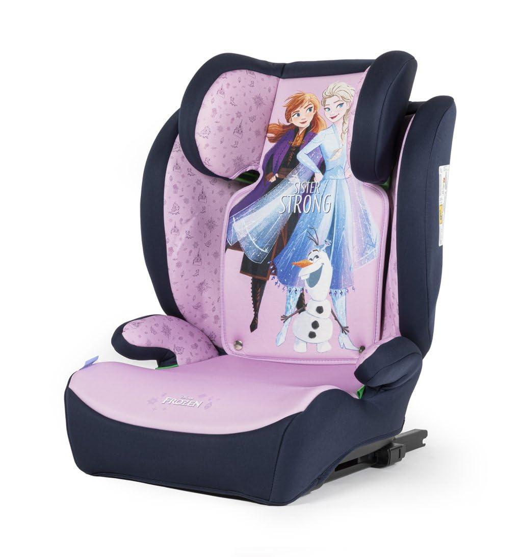 Silla De Coche Disney Frozen Con Accesorio ISOFIX Para La Seguridad De Las Niñas Con Una Altura De 100 A 150 Cm Con Gráficos De La Princesa Elsa, Anna Y El Lindo Olaf Sobre Un Fondo Morado