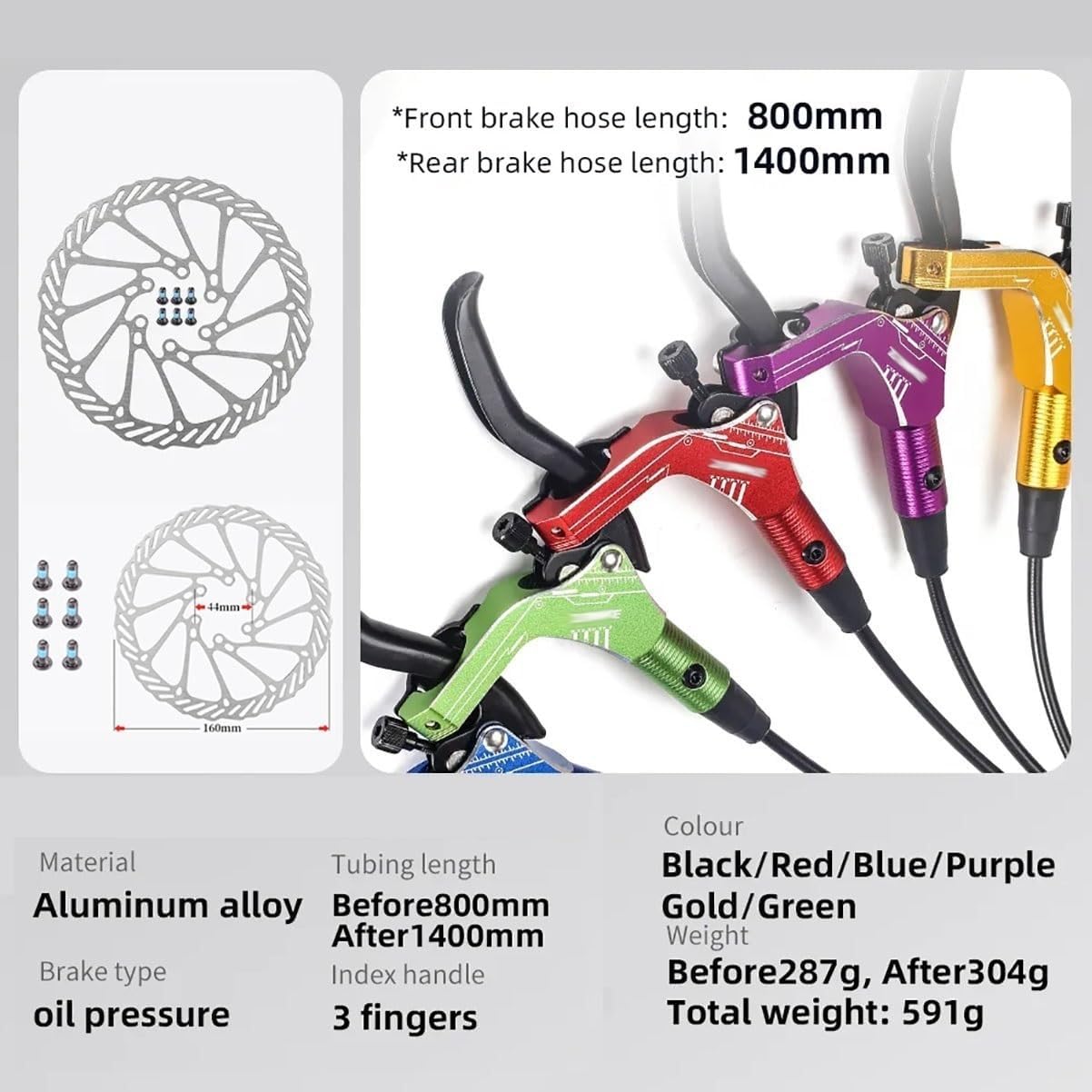 Mountain Bike Hydraulic Disc Brake Set with 160mm Rotors 800/1400mm Aluminum Alloy Front and Rear Brake Levers with Calipers